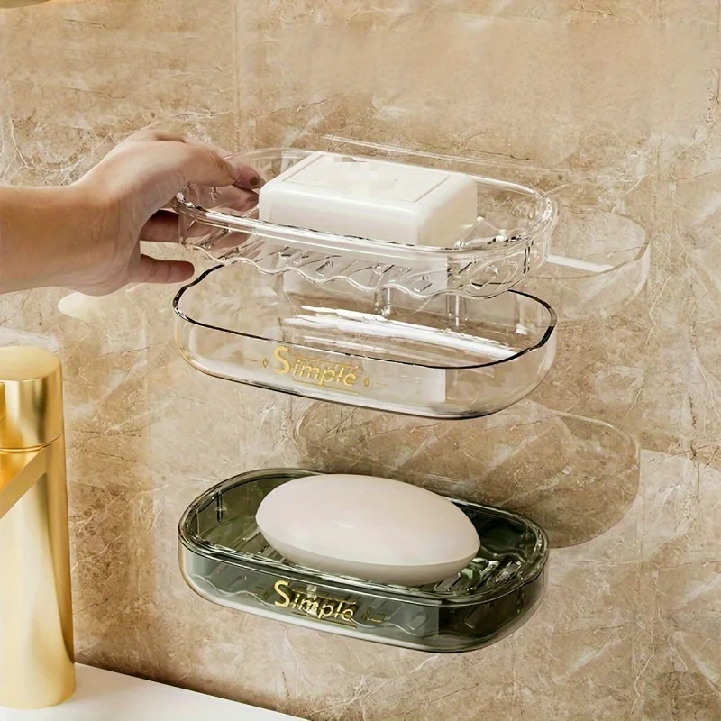 1pc  Bathroom No-punch Non-marking Soap Dish, Double-layer Drain Soap Tray, Simple Soap Storage Rack for Home Bathroom