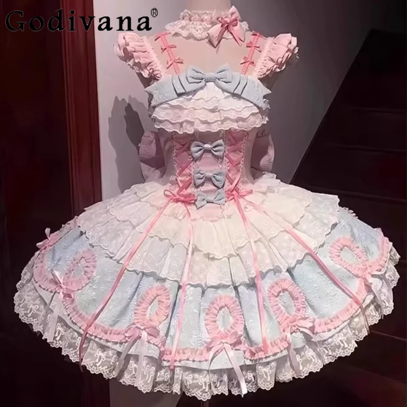 

Платье принцессы в стиле Лолиты для повседневной носки, синее, розовое, милое, милое, в стиле куклы, платье Лолиты, женское летнее платье с бантом на день рождения JSK