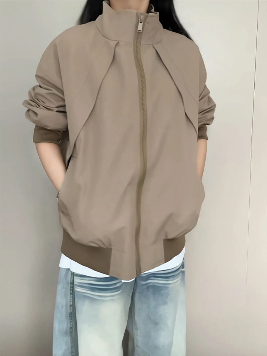 

American Sle Deconstructed Patchwork Men's Jaet oulder Workwear Stand Collar Harrington Cleanfit Outerwear Autumn