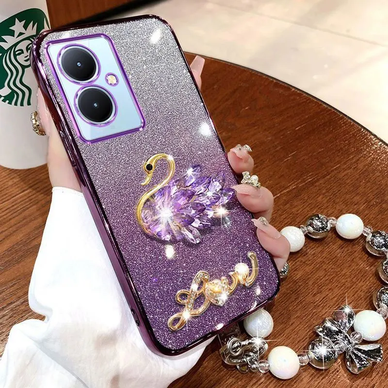 Luxury Diamond Swan V 29Lite 30 Case for Vivo V29 V30 Lite V40 SE V27 pro Y03 Y16 Y78 Y51 Y53s Y33S Y21s Bracelet Lanyard Cover