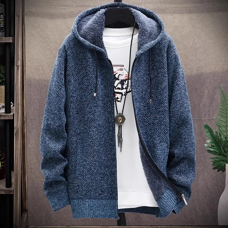 

Men‘s Hooded Cardigan Knitted Sweater Winter Thick Fleece Warm Casual Knitwear Coat Solid Color Cardigan Men Hooded Sweaters