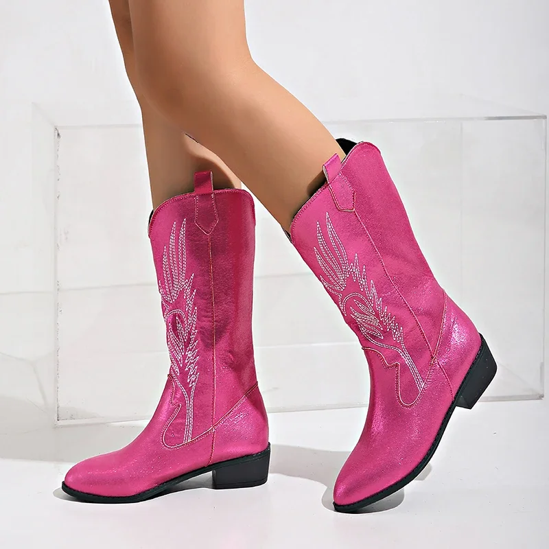 Embroidery Pink Cowgirl Boots Women 2023 Autumn Low Heels Knee High Western Boos Woman Plus Size Slip on Heeled Cowboy Botas