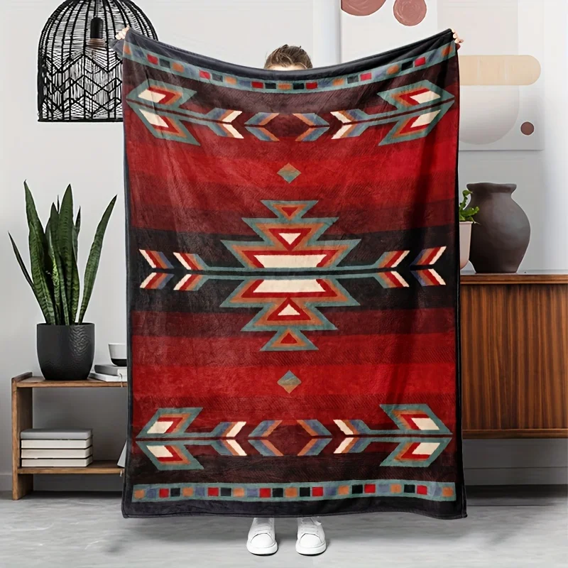 Bohemian-Inspired Red Geometric Flannel Throw Blanket - Reversible Vibrant Southwestern Pattern for Couch, Bed, Travel