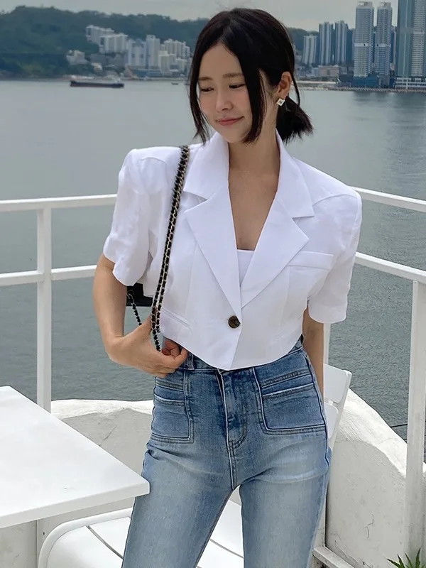 

Chic Summer ort irt Jaet Women's Sle Suit Collar One Button Waist Belt Versatile Pure Color Chinese Brand Spring Season