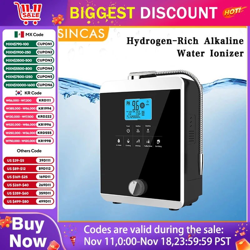 Water Flow Control Water Ionizer Machine Produces pH 3-11.0 Alkaline Acidic Water Filter -800mV ORP Automatic Cleaning LCD Touch