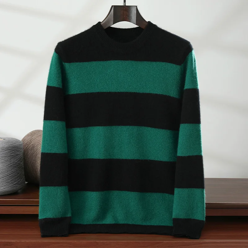 

Trendy men's 100% pure cashmere pullover high-quality striped knitted sweater loose round neck Tops thick streetwear Pull Jumper
