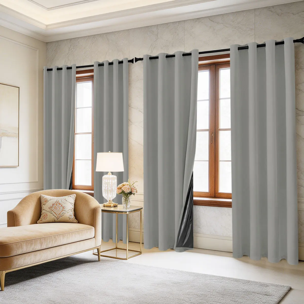 Grey Grommet Light Blocking Curtains 4Pcs, Black Coated Solid Window Drapes for Bedroom Living Room Home Decor