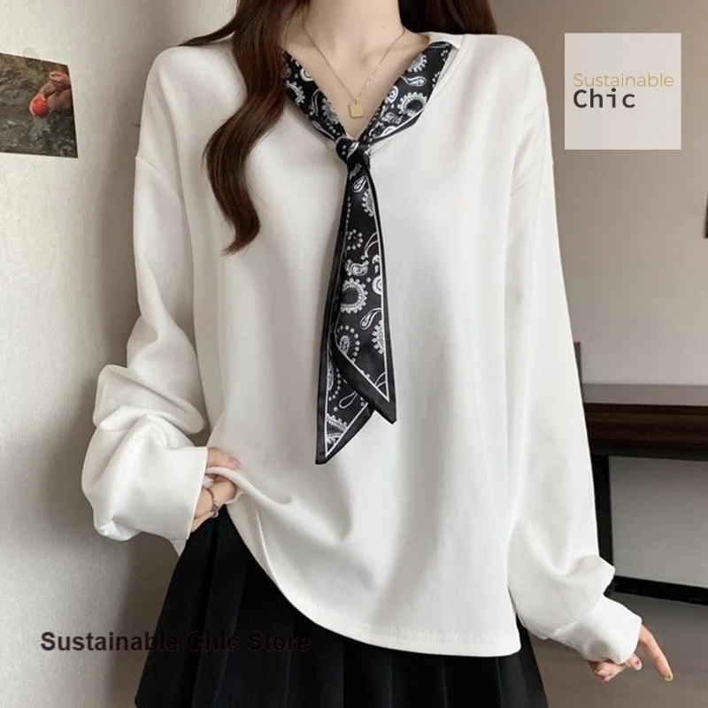 Korean-style scarf collar long-sleeved sweater women's autumn new plus-size temperament high-grade luxury western-style top