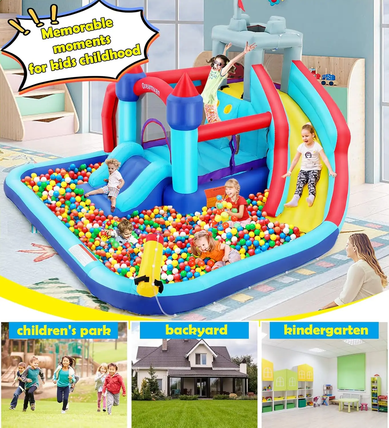 Bounce House waterglijbaan voor kinderen, 10-in-1 grote waterglijbaan opblaasbaar waterpark met splash pool lange glijbaan sprinklerblazer, zwart