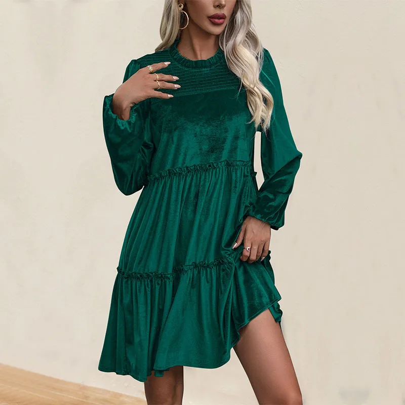 New Autumn Women\'s Christmas Green Velvet Dress