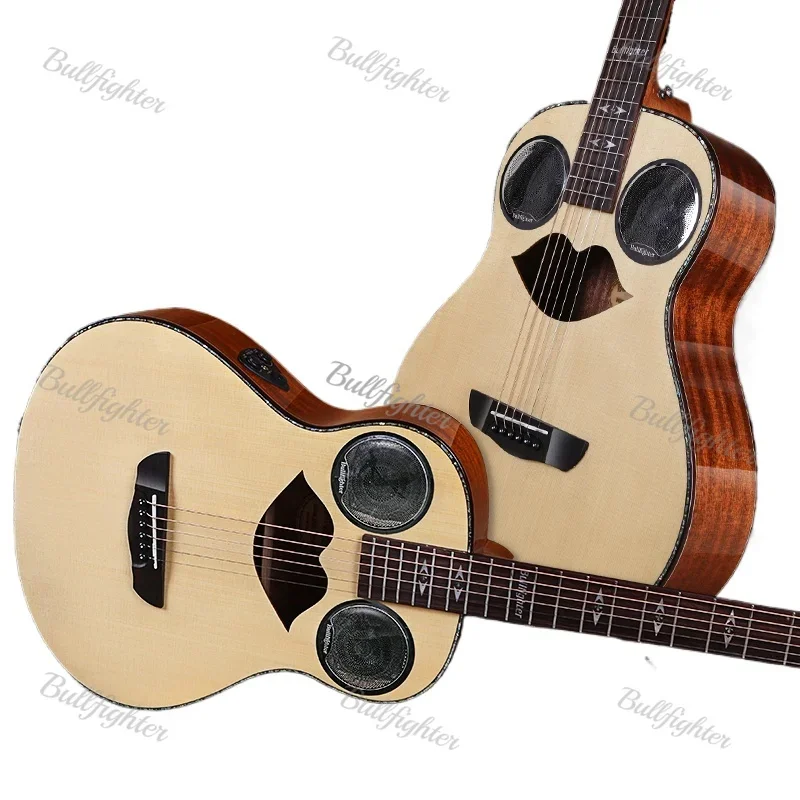 Bullfighter D2G 40-Inch Professional Acoustic Guitar Natural Top Solid Spruce High Gloss Smiling Hole Design with 2 Amps Singers