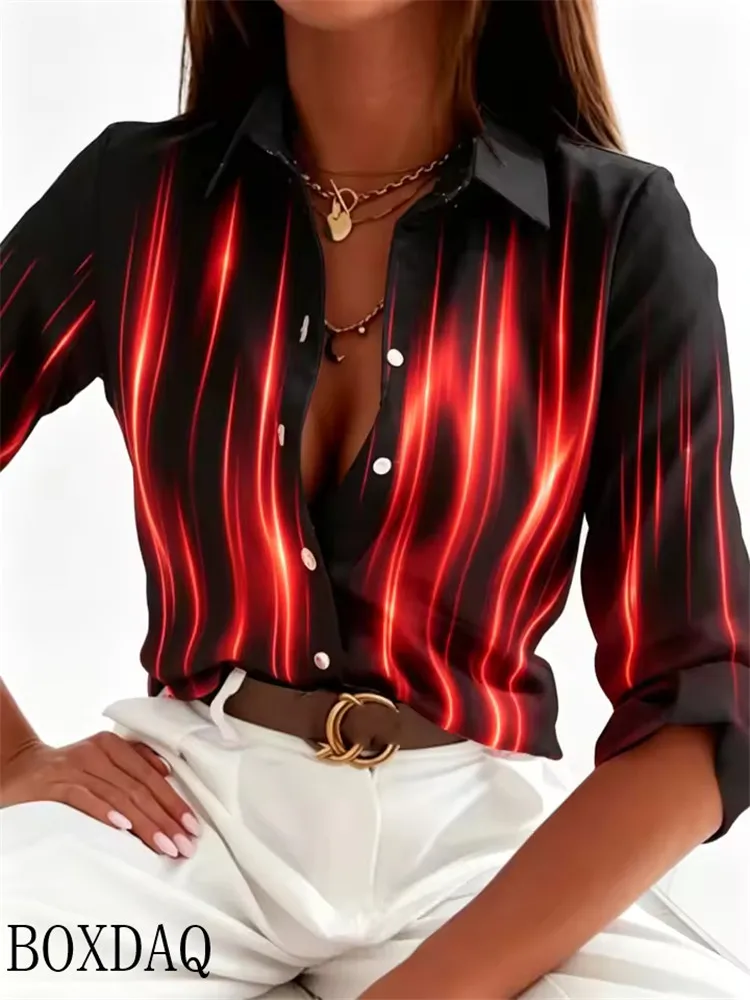 Ladies' Gradient Abstract 3D Printed Summer blouse Fashion Long Sleeve Loose Women's Button lapel Shirt New Women's Clothing