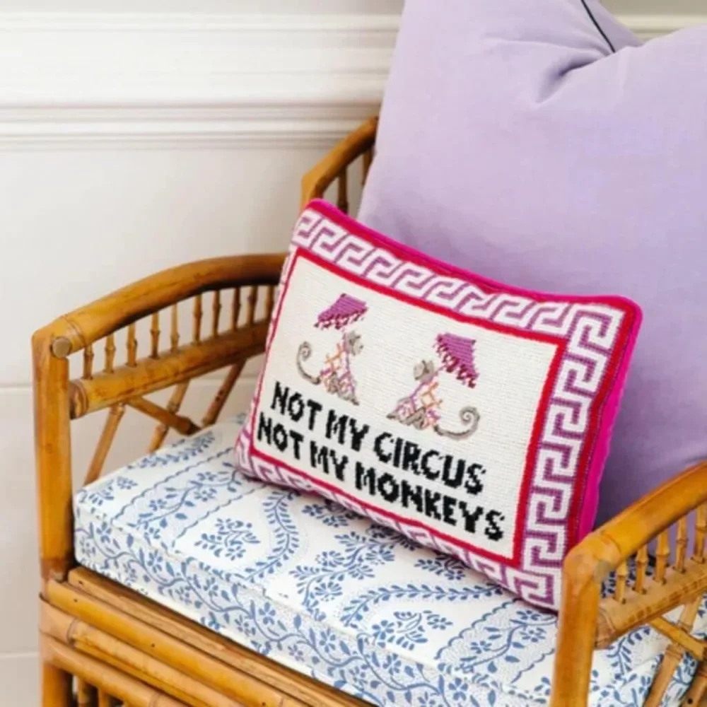 Needlepoint Decorative Throw Pillow - Not My Circus Not My Monkeys, Small Embroidered Accent Pillow