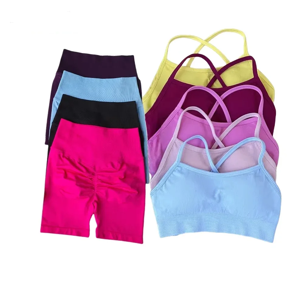 New Seamless Shorts Sets Shockproof Sexy Backless Bra High Waist Leggings Breathable Women's Tight Fitting Sports Gym Suits