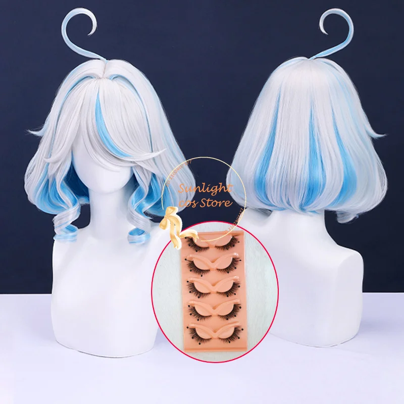 Furina Focalors Cosplay Perücke 35cm/100cm lang grausam silber weiß blau Frauen Anime Perücken hitze beständige Kunst haar Perücke Kappe