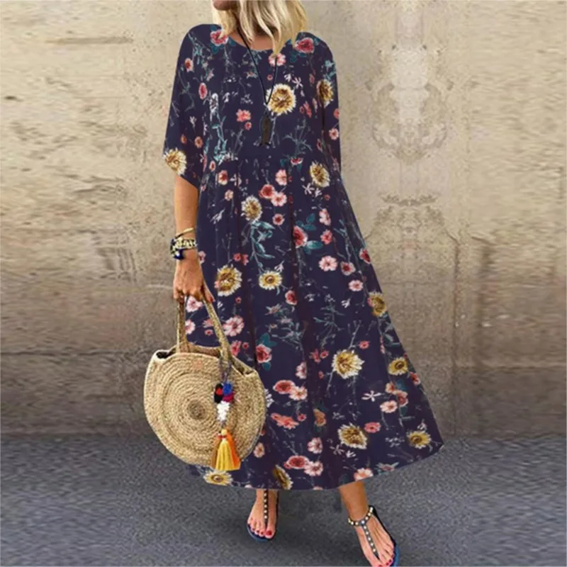 Elegant Women's Dress Floral Print Round Neck Pullover A-line Solid Color Long Sleeved Women's Dress Autumn New Collection 2024