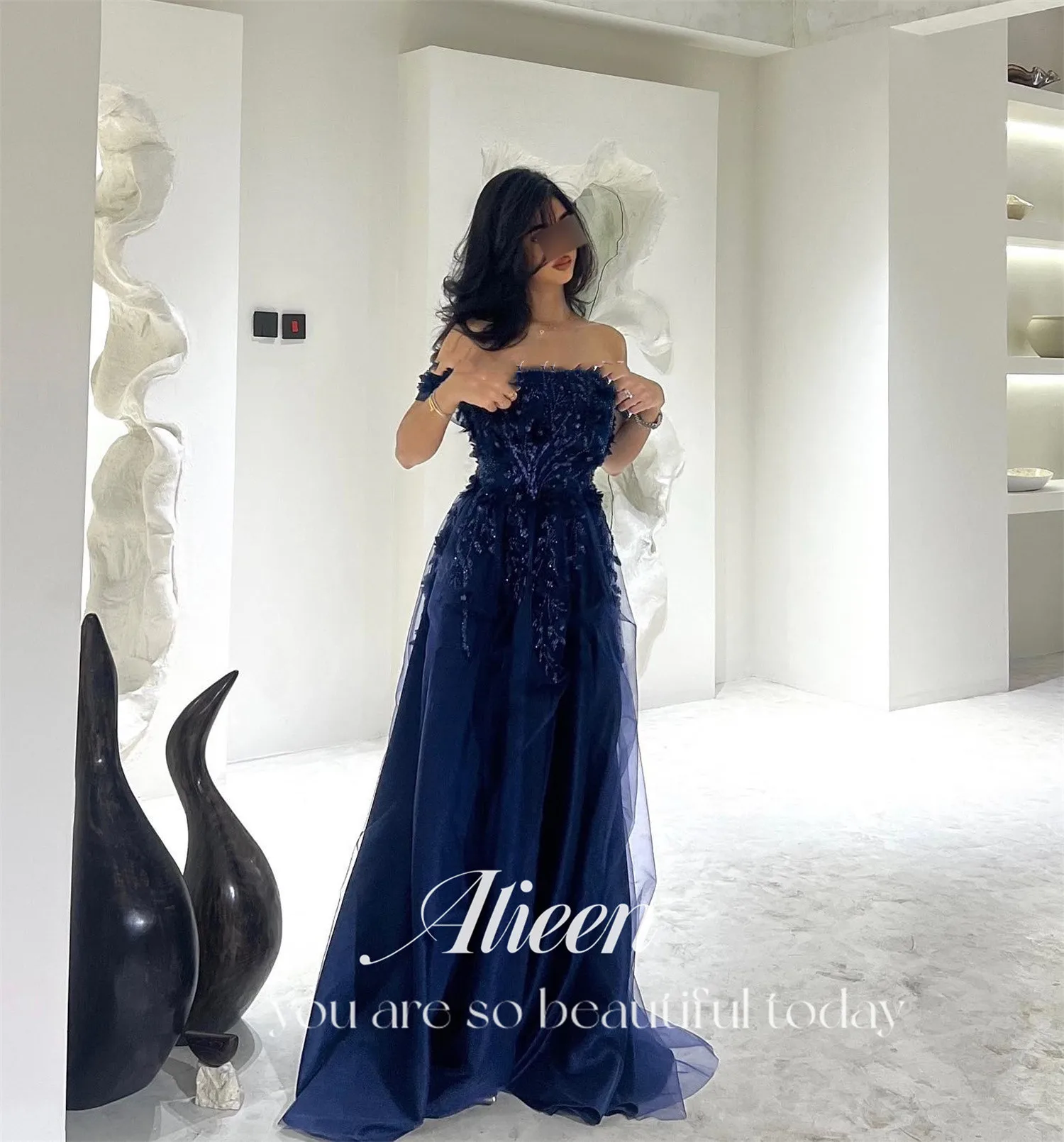 Aileen Off the Shoulders Shiny Dark Blue Bead Embroidery A-line Elegant Party Dresses 2024 Women\'s Long Evening Dress Woman Prom