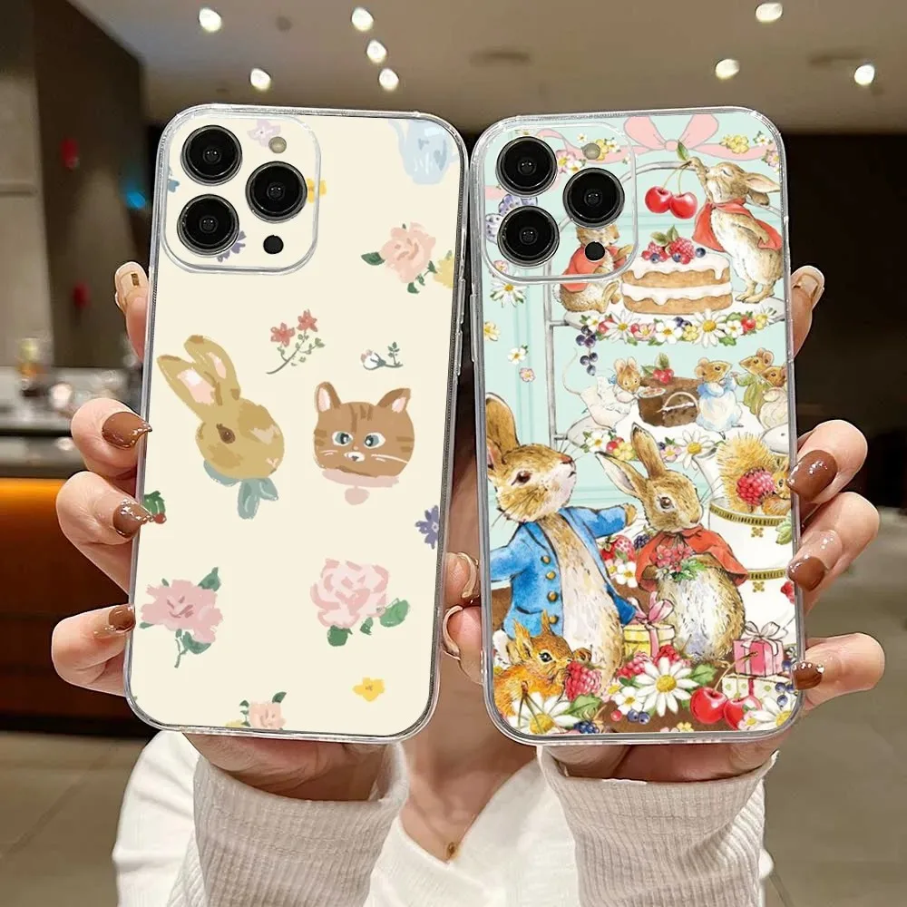 Cute P-PeterS Rabbit Phone Case For iPhone 16,15,14,13,12,11 Plus,Pro,Max,XR,XS,X,7,8 Plus,SE,Mini Transparent Silicone Soft