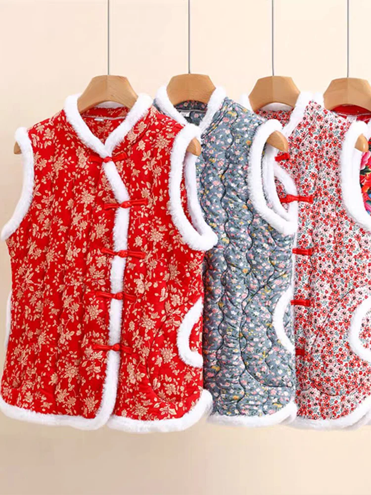 Thiened 冬用暖かいベスト レディース アウター 大きな花の刺繍ボタンデザイン Vネック プラスサイズ スリム フェイクファーコート