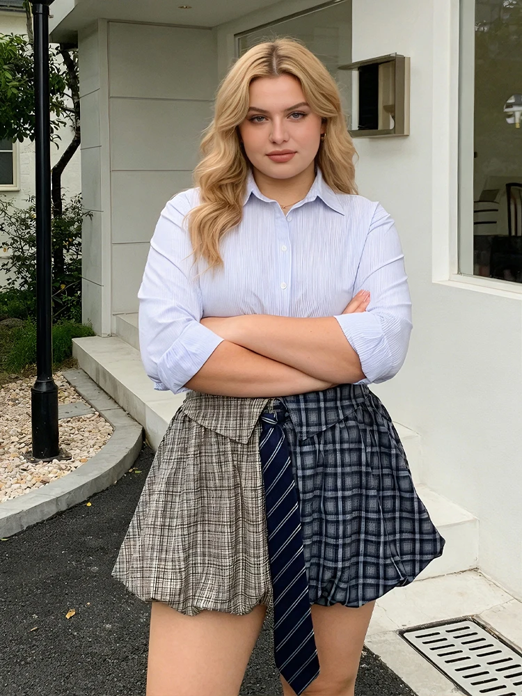 

New Big Size Lolita Patchwork Short Skirt Tie Plaid Puff Mini Skirts Korean Popular Women's Clothes Plus Size Y2k Skirt Party