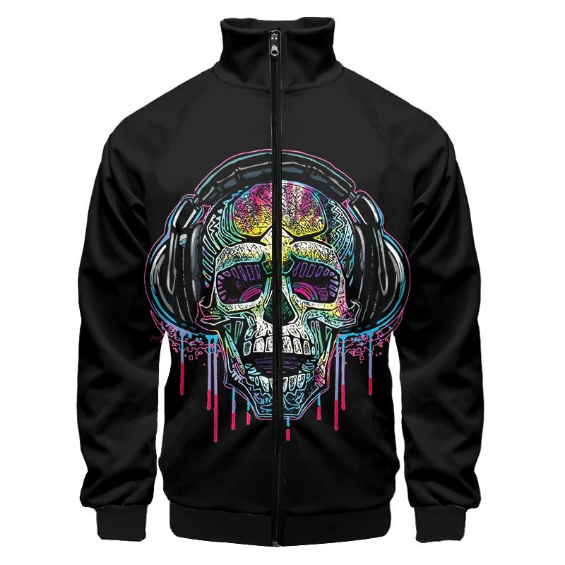 

Bar DJ Headphone Skull 2022 Autumn Winter 3D Jacket For Men Long Sleeve Zipper Costume Casual Clothing Coat Stand Collar Jacket