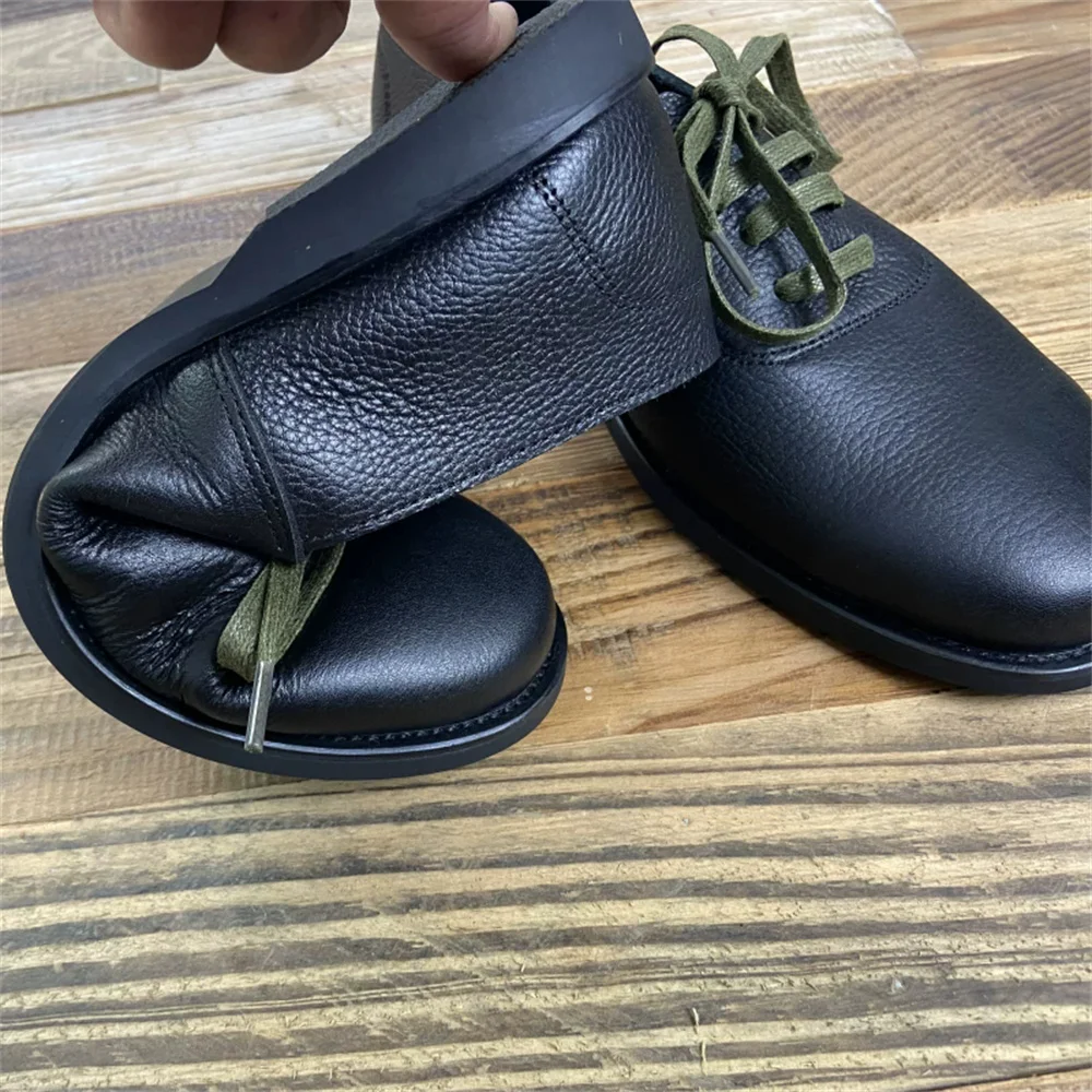 Summer Single-Layer Cowhide Leather Shoes Dark Casual Japanese Style Handmade Soft Cowhide Breathable Lace Up Low Top Men Shoes