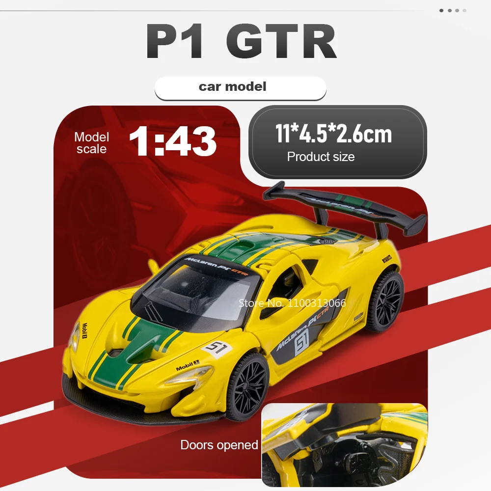 

1:43 P1 GTR V12 Diecast Models Miniature Cars Alloy Model Doors Opened Rubber Tire Metal Body Vehices Bedroom Decoration for Kid