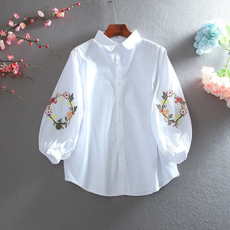 Three Quarter Blouse Women Spring Summer Korean Eembroidered Shirts Office Ladies Single Breasted Blouse White Blusa Femme Top