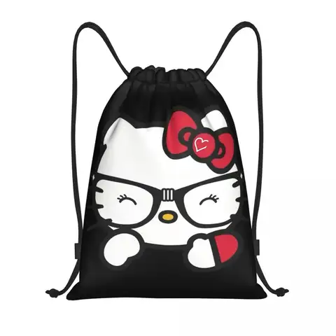 사용자 정의 헬로 키티 얼굴 안경 Drawstring 가방 훈련 요가 배낭 여성 남성 귀여운 고양이 스포츠 체육관 Sackpack