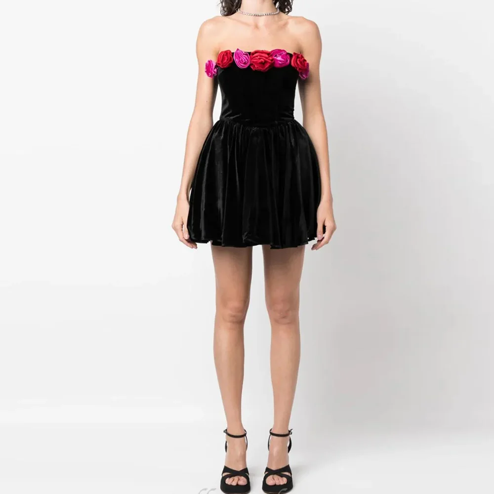 Classic Dresses for Special Occasions Velour A-line Prom Dresses for Ladies 3D flowers Draped Zipper Contrast Color  Prom Dress