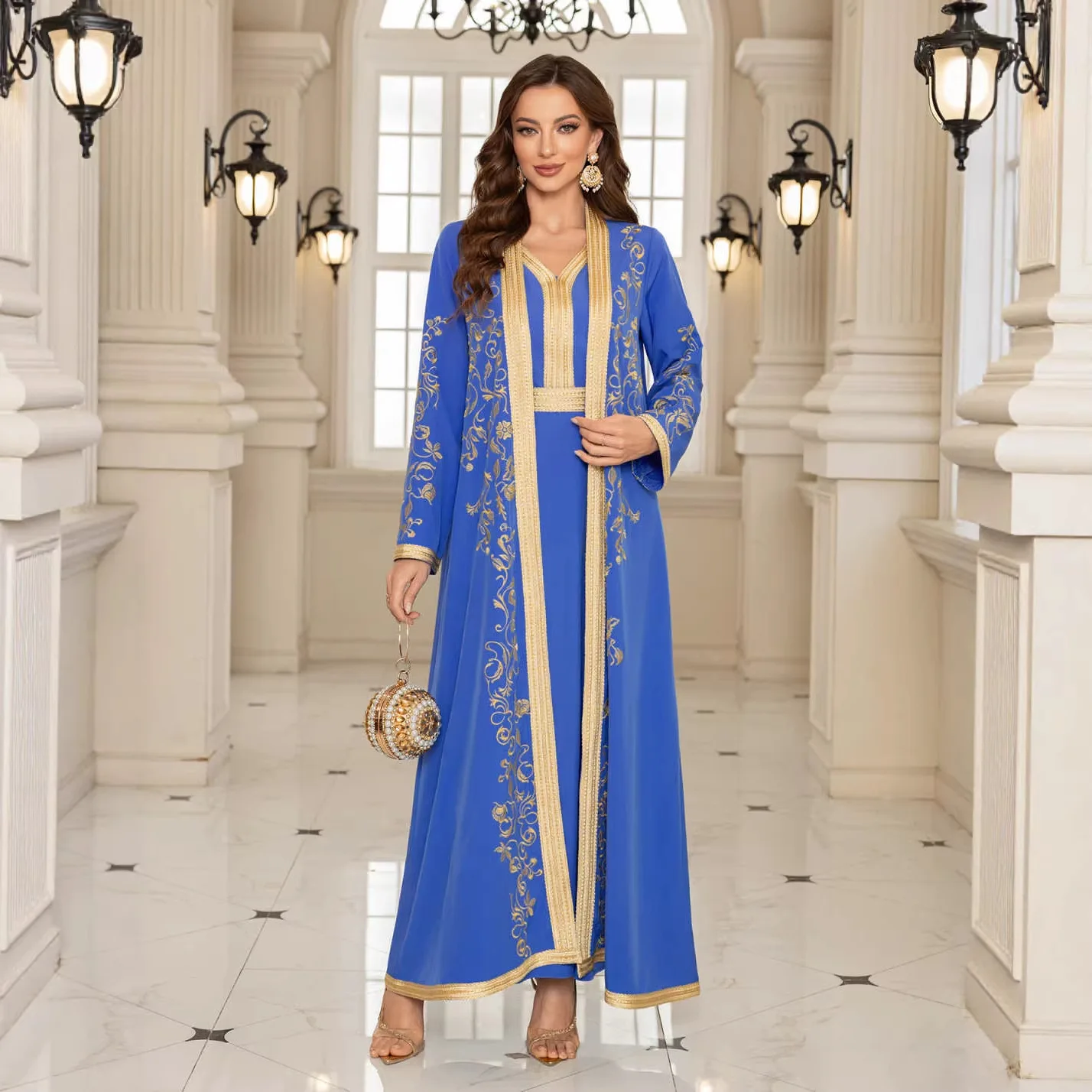 Traje de Vestir para Mujer, Eid Musulmán, Abaya, Vestidos de Fiesta, Conjunto de 2 Piezas, Cárdigan, Túnica, Jalabiya, Bordado, Ramadán, Dubái, Caftán, Vestidos