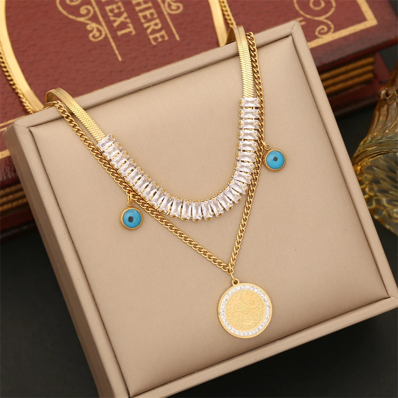 316L Stainless Steel New Fashion Fine Jewelry Zircon Engrave Stars Flowers Eye Charm Chain Necklaces Bracelet Earrings For Women