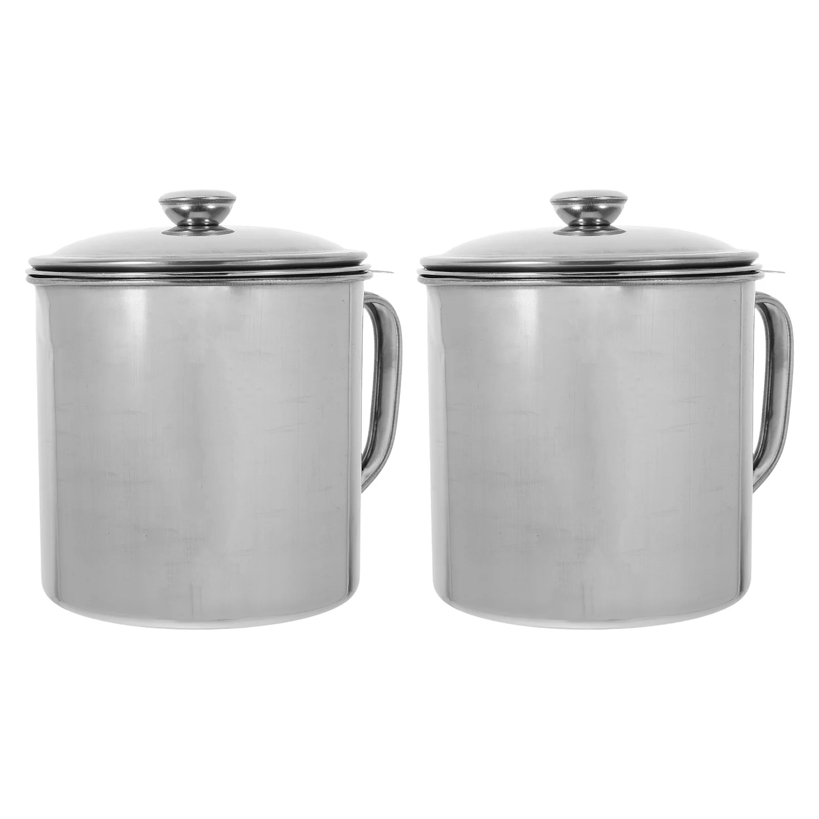 

2Pcs Stainless Steel Oil Strainer Pot Household Grease Container Lid Removable Filter Kitchen Oil Storage Pot Anti-Scald Handle