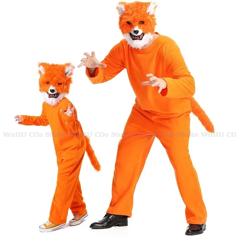 Kids Party Costumes For Animal Fox Plush Children Halloween Cosplay Fox Orange Jumpsuit Performance Dress Carnival Fox Mask Tail