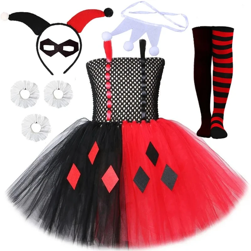 

Halloween Carnival Costumes Tutu Dress for Girls Red Black Circus Clown for Kids Joker Fancy Outfit Children New Years Clothes