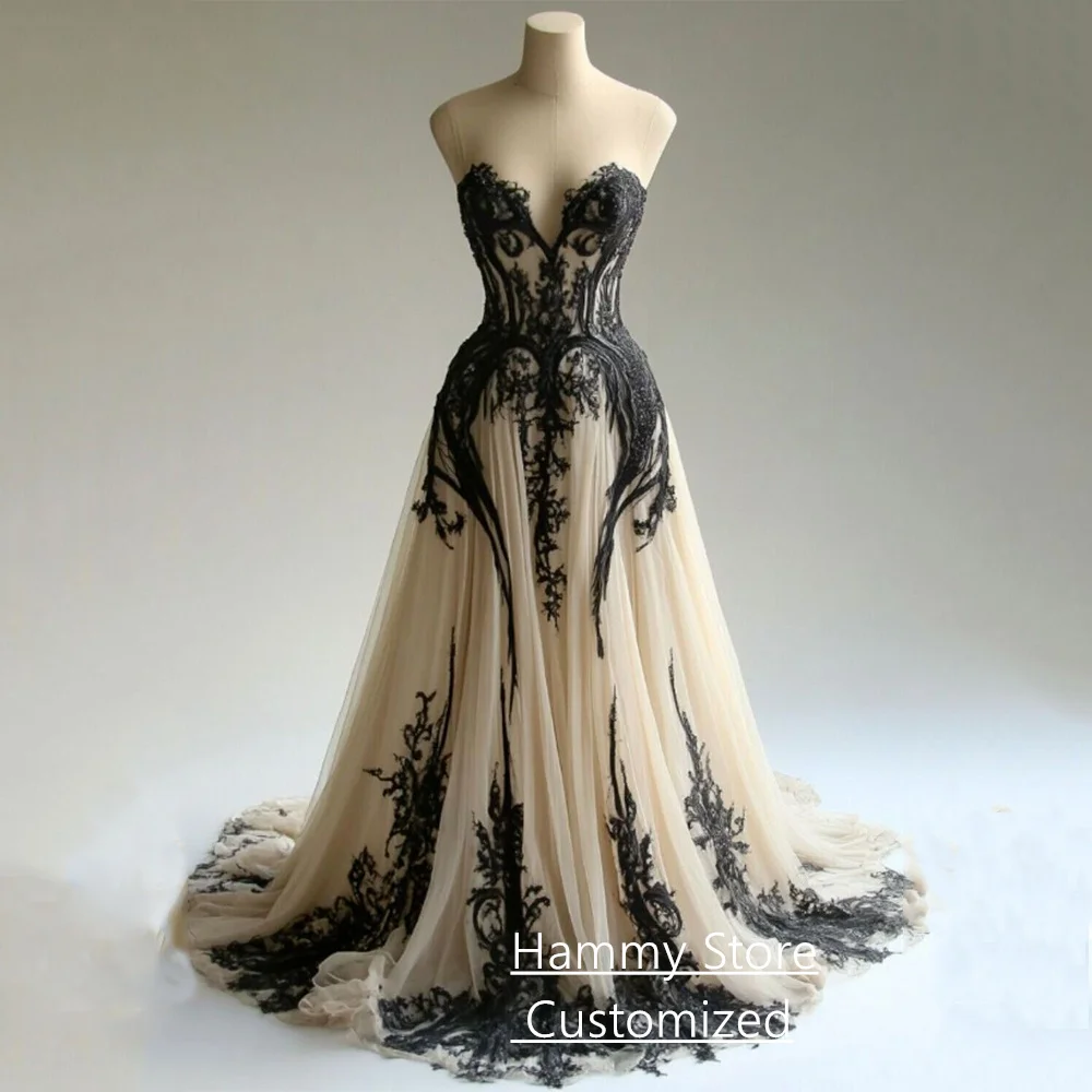 Champagne Wedding Dress with Black Applique Customized Sweetheart Sleeveless Sweep Train Backless Corset Bridal Gowns