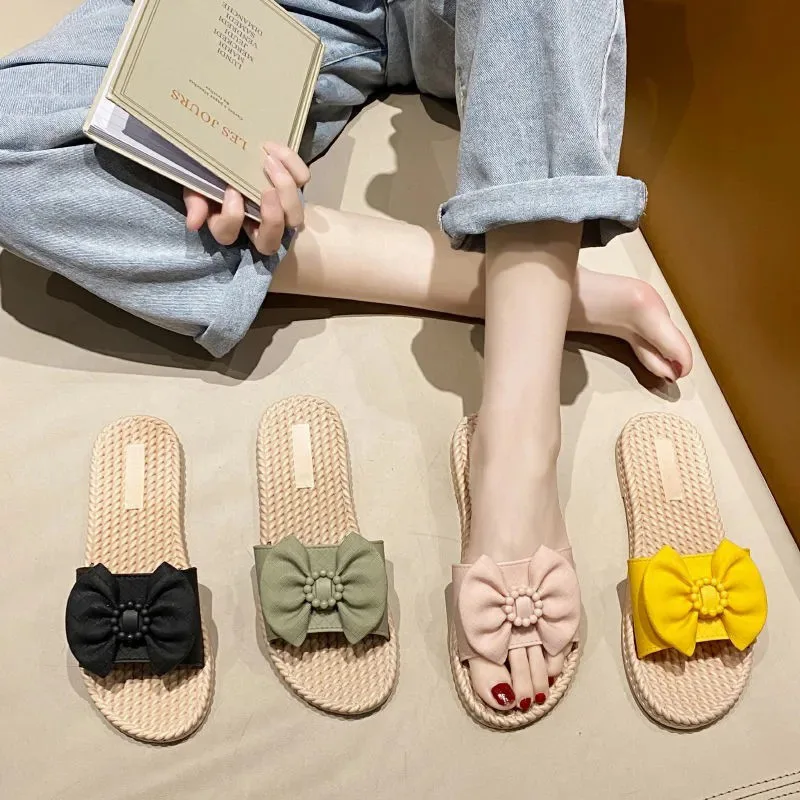 Women's fashionable non slip slippers for outdoor wear thick soled fairy style butterfly bow grass rope grid slippers