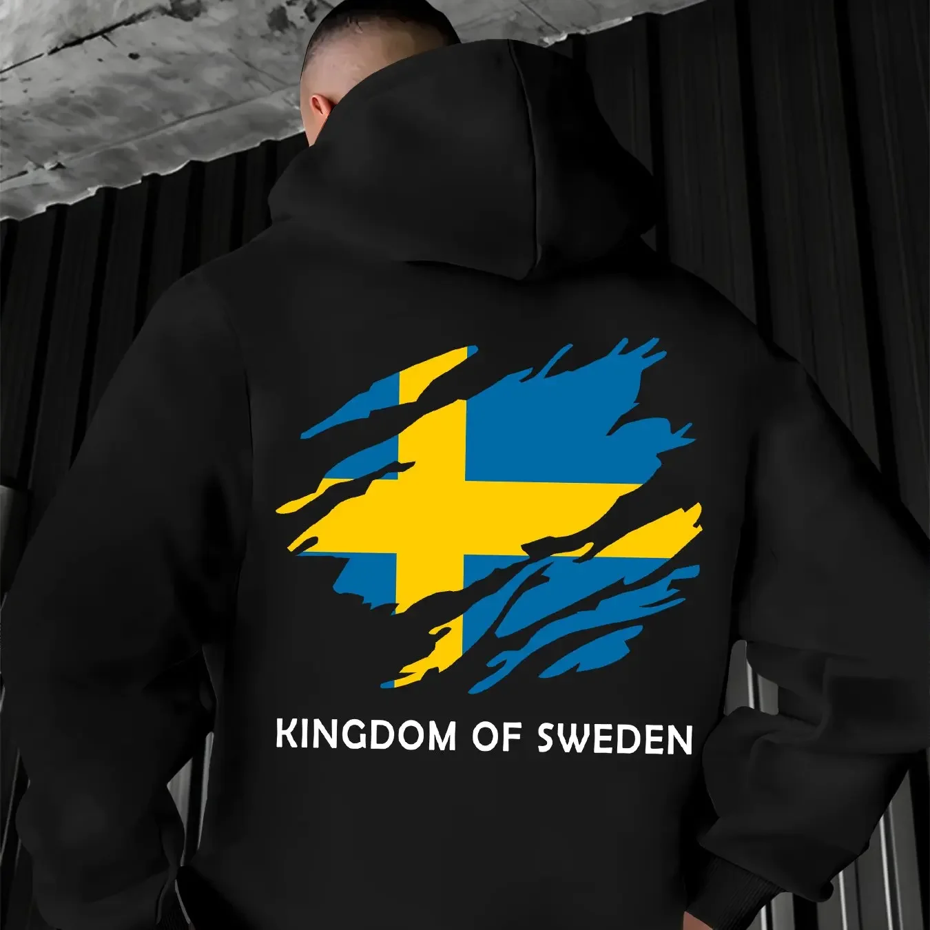 Big Back Torn Sweden Flag Kingdom Of Sweden Text Hoodie For Patriotic Swedish Local Daily Wear Unisex