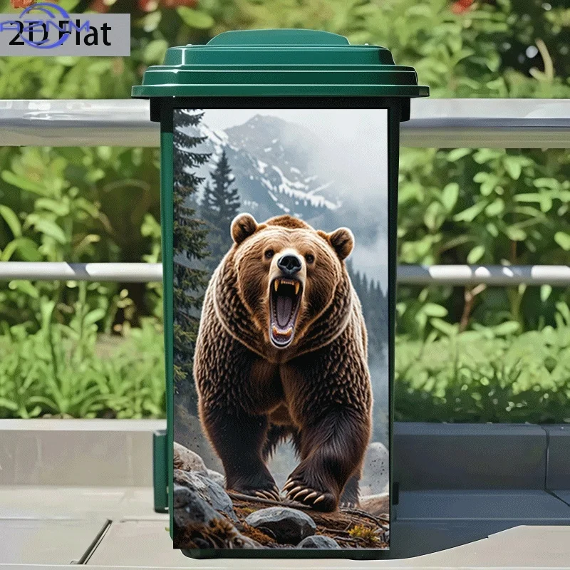 [2D Flat Printing] 1pc Trash Can Sticker 14.57×32.28 inch Roaring Mountain Forest Bear Theme Design Wall Sticker Decoration Wa