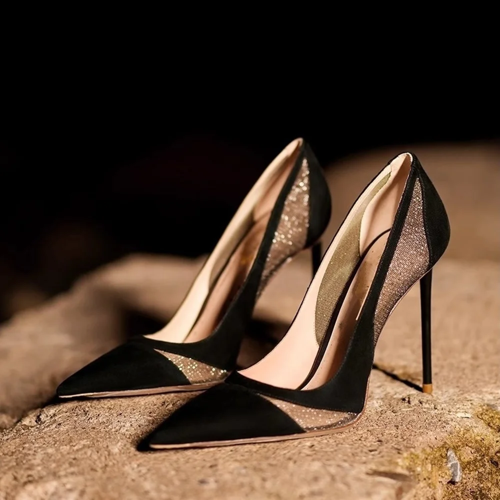 Mesh Panel Pointed Toe Stiletto Pumps Transparent Sheer Sides High Heels in patchwork shoes women Elegant Party Wedding Shoes