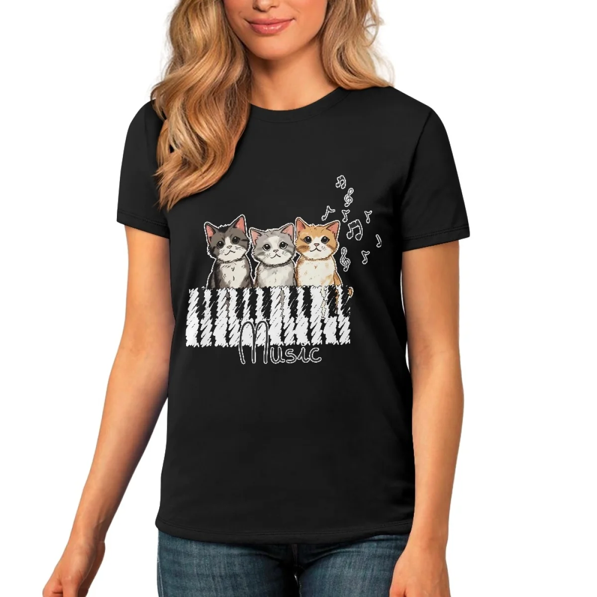 Hycool Musik Cat Print Shirt klassische Rundhals ausschnitt Kurzarm Baumwolle T-Shirts für Männer T-Shirt Top frische klassische Basic T-Shirt