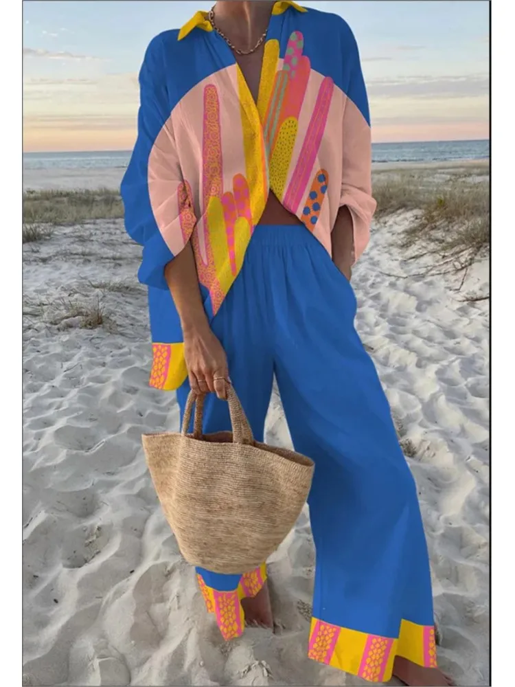 Zomer Nieuwe Vakantie Stijl Cruise Print 2-delige set Revers Shirt + Wijde pijpen Broek Voor Vrouwen Casual Cruise Outfit Strandvakantie