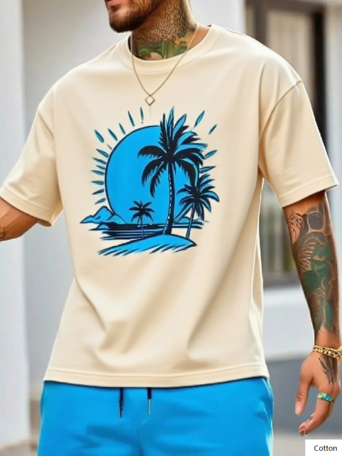 تي شيرت قطني برسومات شجرة النخيل والقمر على طراز العطلة الاستوائية - قميص علوي مثالي للشاطئ والمظهر غير الرسمي تي شيرت S-4XL