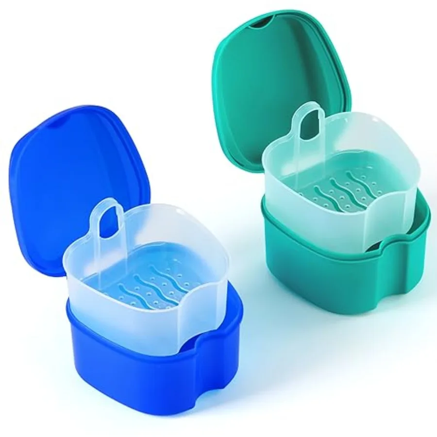 2 Pcs Denture Bath Case, Denture Cup with Strainer Basket Tray Denture Case for Soaking Dentures, Mouth Guard Storage Container
