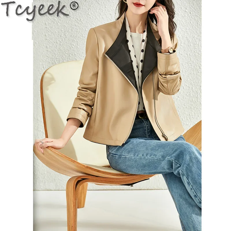 Tcyeek-女性用本革ジャケット,本物のシープスキンコート,女性用オートバイジャケット,24の春と秋の服