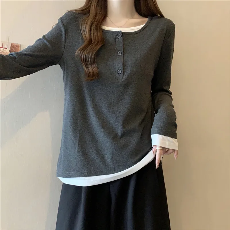 Fake Two Piece Tees Spliced Women Tops T Shirt Long Sleeve Casual Shirt Loose Pullover Autumn Slight Strech Basics Sports Shirt