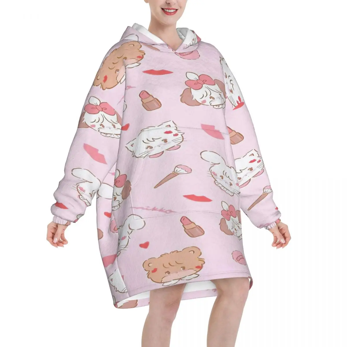 Pink Cartoon Mikko Mousse Wearable Blanket Hoodie for Women Men Oversized Sweatshirt Blanket with Pocket