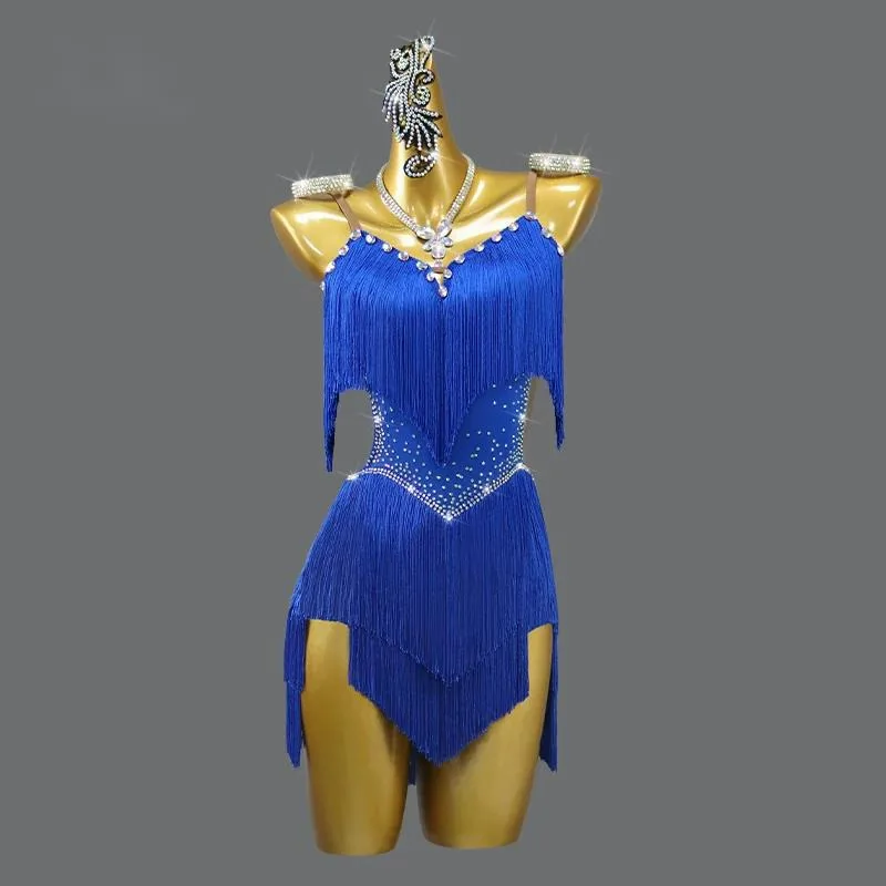 

2025 New Latin Dance Performance Clothes Outdoor National Standard Dance Party Tassel Skirt Sports Blue Ball Evening Dress