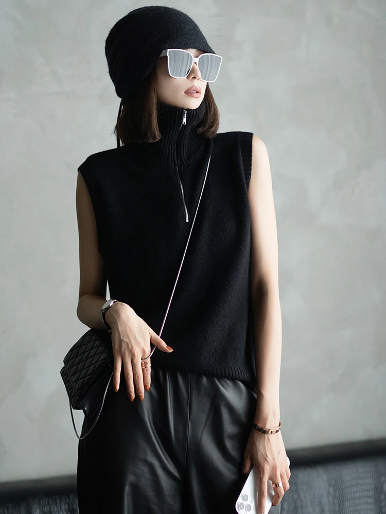 

Повседневный морской воротник с высоким воротником на молнии, вязаный жилет, осенний многослойный утягивающий топ без рукавов, женский Faion Sle