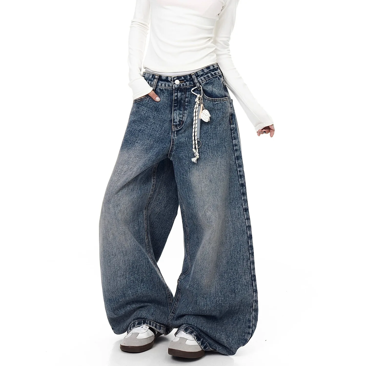 جينز ريترو أمريكي مغسول بحافة سكين من قماش الدنيم، تصميم ربط مخطط واسع الساق مقاوم للرجال والنساء